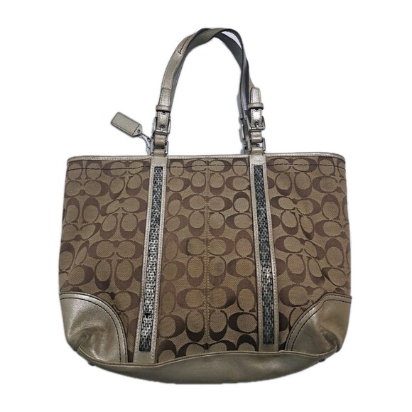 Coach Signature C Khaki Tote Jacquard Beaded Shoulder Bag Gold Brown F05J-8K52 - Picture 6 of 13